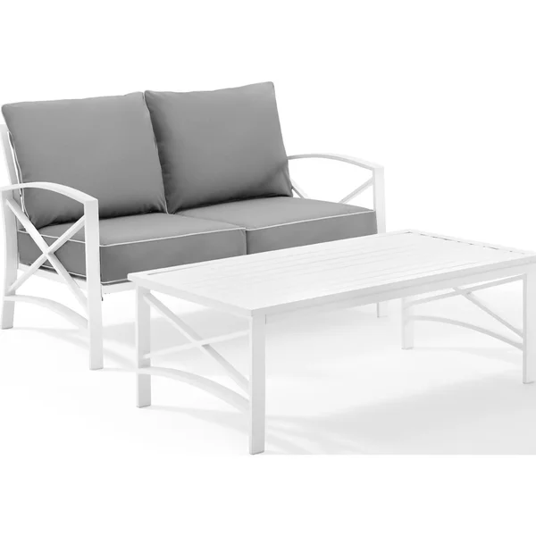 Crosley Kaplan 2-Piece Outdoor Seating Set, White, Gray Cushions, Loveseat, Coffee Table