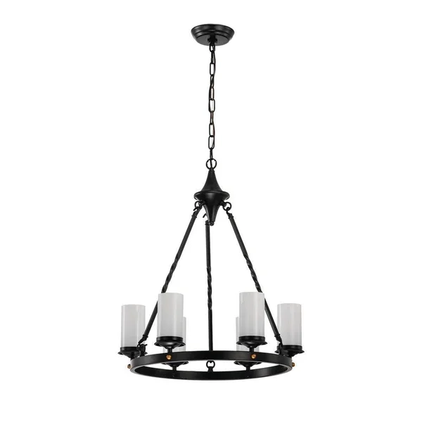6-Light Antique Black Industrial Chandelier with White Glass Shade