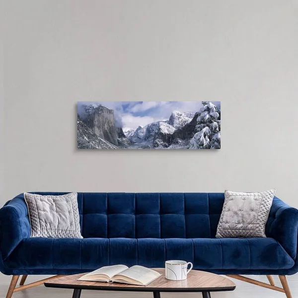 Mountains and Waterfall in Snow, Tunnel VIEW, El Capitan, Half Dome, Bridal Veil, Yosemite Nation..., Canvas Wall Art, 48x16