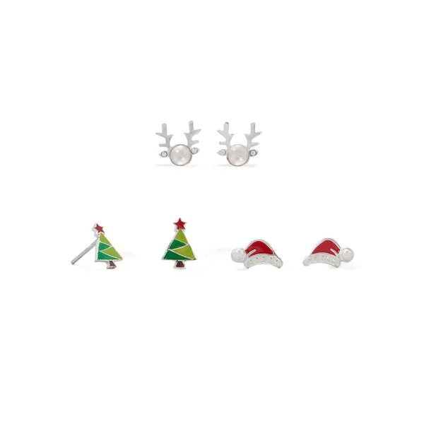 Reindeer, Santa Hat and Tree Earring Set, 9.1mm x 9.4mm
