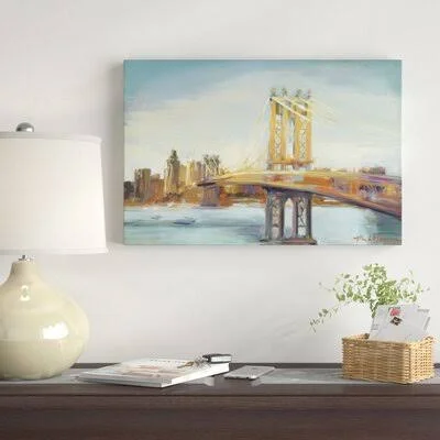 &Sunny Manhattan Bridge& Print East Urban Home Format: Wrapped Canvas - Matte Color: No Matte, Size: 12x22 H x 18x22 W