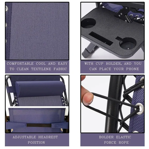 Outdoor Garden Patio Folding Lounge Chair with Pillow and Cup Holder - Navy Blue