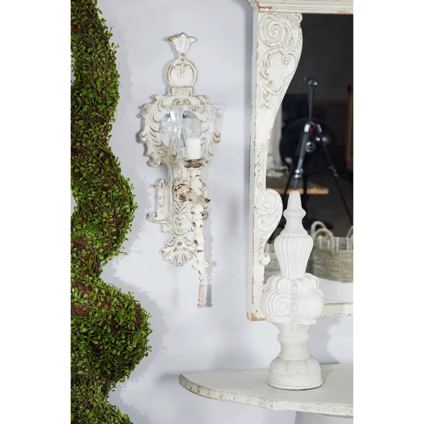 Monroe Lane 17 in x 24 in Large Vintage Distressed White Metal & Wood Wall Sconce with 2 Candle Lanterns - White