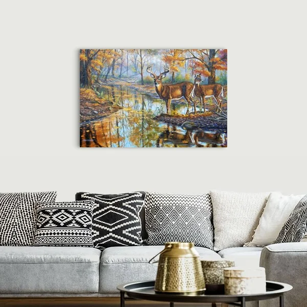 Brookside Retreat - Whitetails - Canvas Wall Art, 48x32, Great Big Canvas