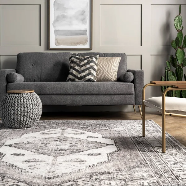 nuLOOM Gladys Machine Washable Vintage Medallion Area Rug - 8& Round - Light Grey
