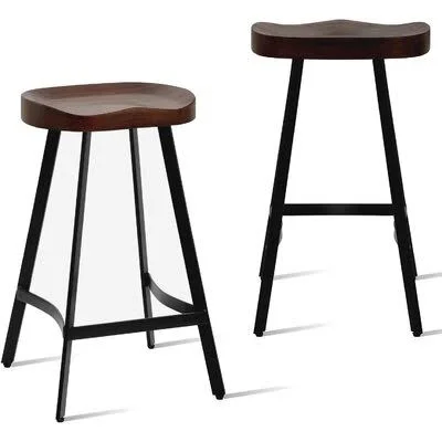 Set of 2 Industrial Rustic Bar Stool Saddle Seat Counter Height Farmhouse Stool-Metal and Wood Top Dining Stools, Backless, Stacka