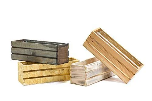 Wood Planter Box with Wine Crate Styled - 12x4 inch Rectangular, Rustic Barn Wood, Plastic Liner, Garden Centerpiece Display, Wed