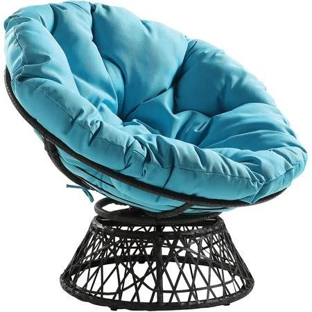 Osp Home Furnishings Wicker Papasan Chair with 360-Degree Swivel - Grey Frame with Blue Cushion