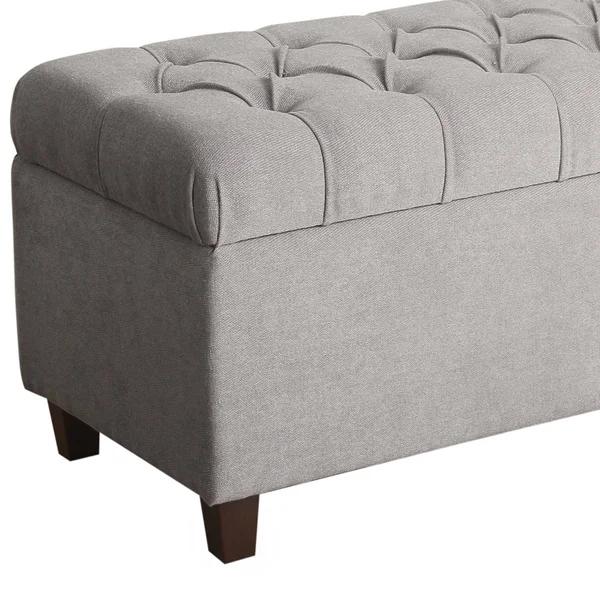 Fabric Upholstered Button Tufted Wooden Bench with Hinged Storage, Gray and Brown - As Pictured
