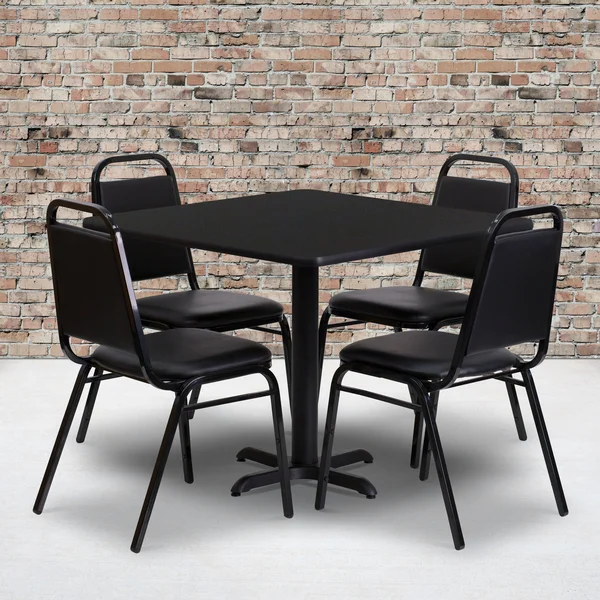 Flash Furniture 36&& Square Black Laminate Table Set with 4 Black Trapezoidal Back Banquet Chairs