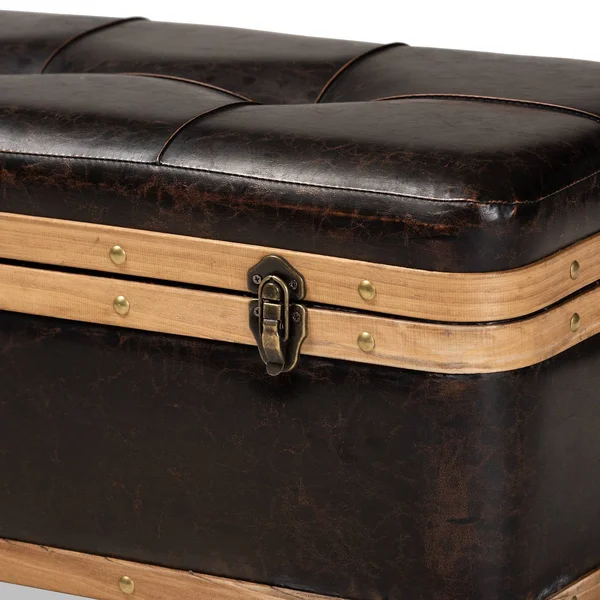 Baxton Studio Gendry Modern Rustic Transitional Dark Brown Faux Leather Upholstered and Oak Brown Finished Wood Small Storage Ot