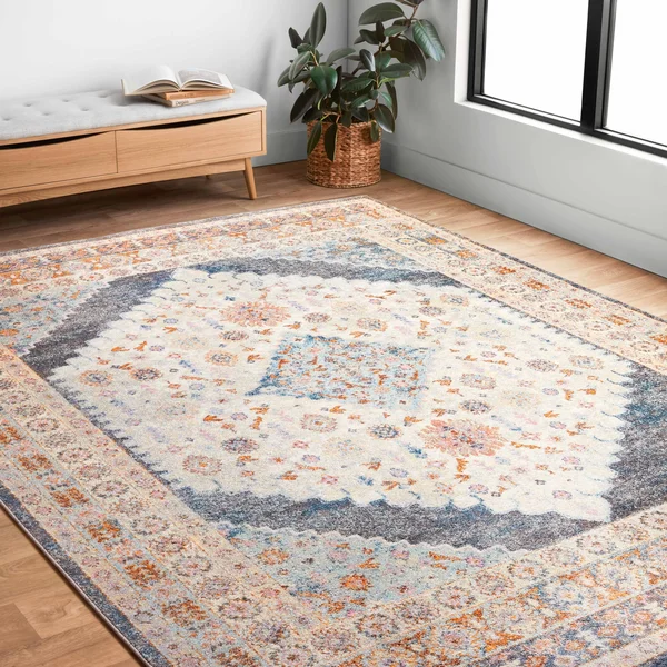 Alexander Home Jennifer Collection Diamond Border Distressed Area Rug - 9&3x22 x 13&0x22 - Pebble/ Fiesta
