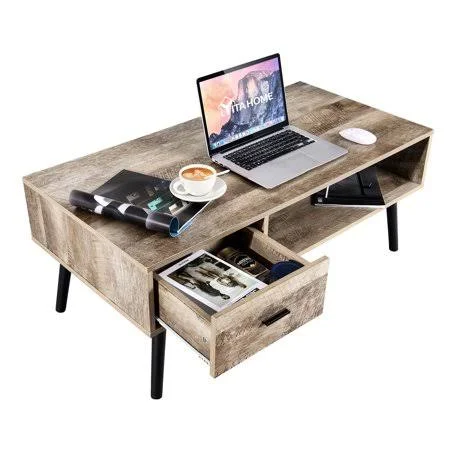 YITAHOME Retro Coffee Table TV Stand Wood Table with Drawer Storage Shelf Living Room, Gray Wash, Brown