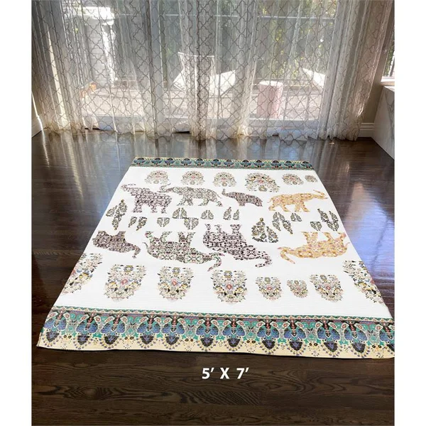 Elephant Paisley Procession 5x7 Dobby Rug with Non Skid Mat White Black Yellow - CARug65Dob_Mat