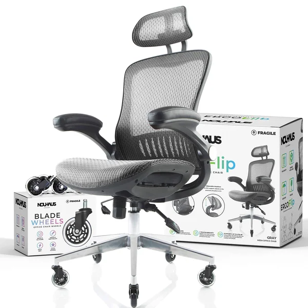 NOUHAUS ErgoFlip Mesh Computer Chair - Grey Rolling Desk Chair with Retractable Armrest and Blade Wheels Ergonomic Office Chair