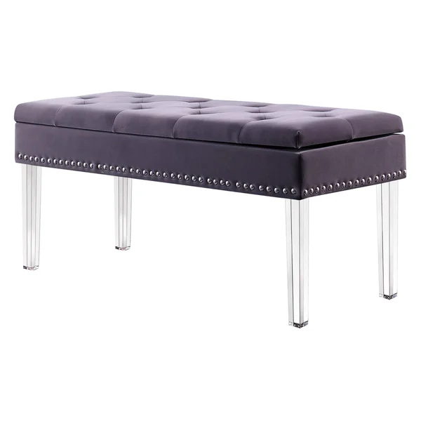 Ore International 18x22 Brown Tufted Mid-Century Storage Bench Nailhead Trim w/ Acrylic Clear Legs