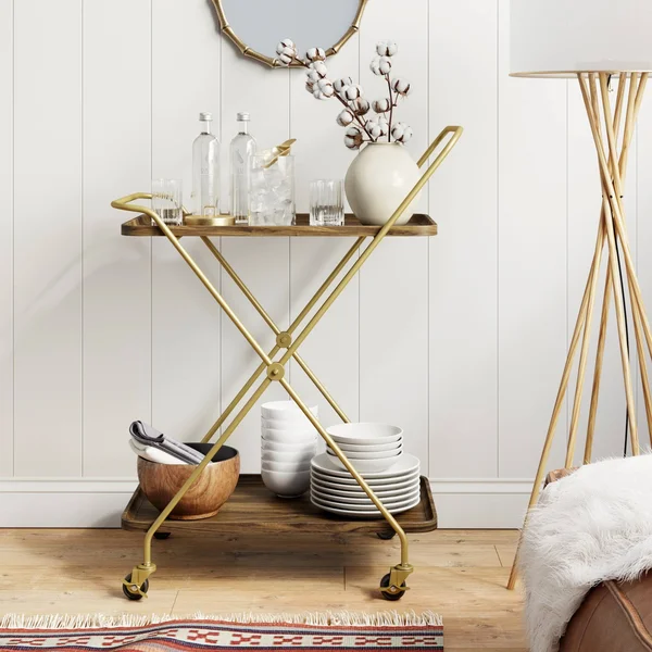 Nathan James Hallie Retro 2-Tray Beige Mid-Century with Black Metal Finish Rolling Bar Cart or Serving Cart