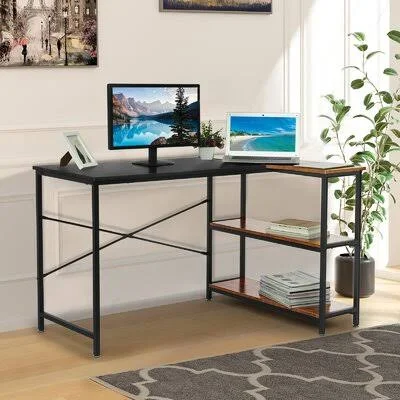 L-Shaped Computer Desk with Storage Shelves Study Table for Home Office Inbox Zero Color (Top/Frame): Black/Rustic Brown