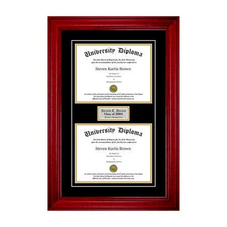 Personalized Double Diploma Frame with Double Matting for 17 inch x 14 inch Tall Diploma with Cherry 2 inch Frame - Size: 14 x 17