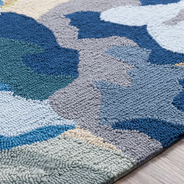 Modern BHS-0057099 Hooked Poly Blue Outdoor Floral Door Mat - 3' x 5'