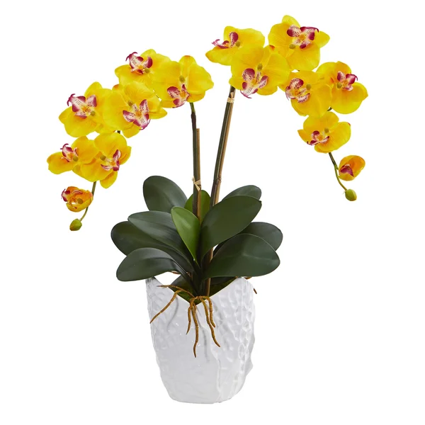 Nearly Natural Double Phalaenopsis Orchid Artificial Arrangement in White Vase