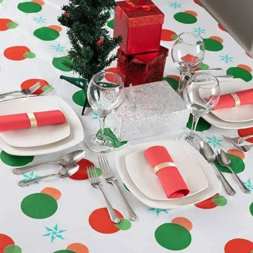 Red and Green Holiday Snow Flake Design 12 Pack Premium Disposable Plastic Tablecloth 54 inch. x 108 inch. Rectangle Table Cover