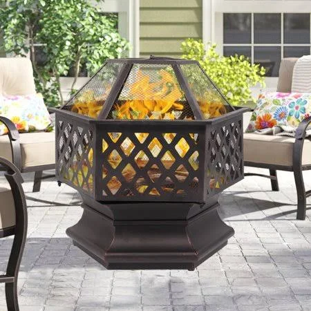 Fire Pits for OUTSIDE, Uhomepro 24 inch Bonfire Wood Burning Fire Pit with Screen Lid, Iron Brazier Outdoor Fire Pit, Backyard P