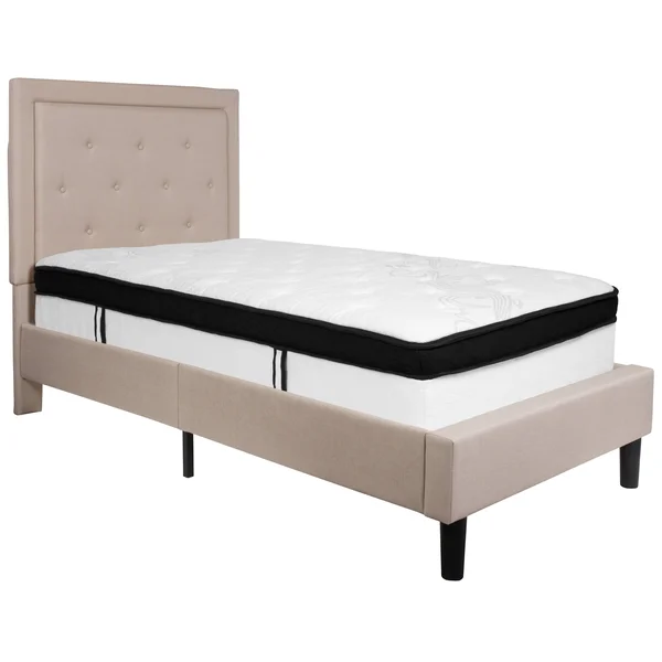 Roxbury Twin Size Tufted Upholstered Platform Bed in Beige Fabric with Memory Foam Mattress