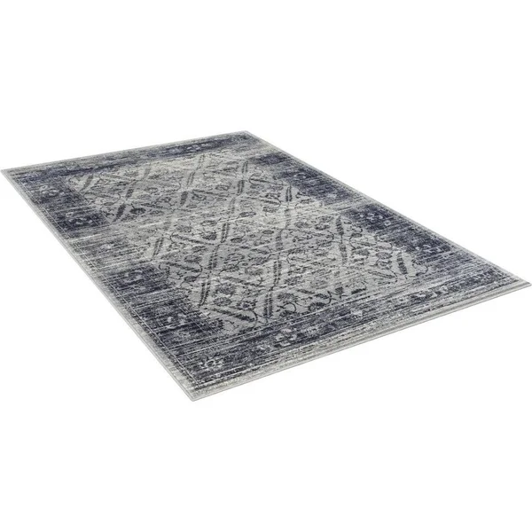 Allstar Rugs Distressed Ivory and Gray Rectangular Accent Area Rug with Black Diamond Lattice Design - 4& 11x22x7& 0x22