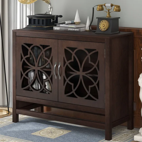 Wood Accent Buffet Sideboard Storage Cabinet with Doors & Shelf, Brown - Navy Blue