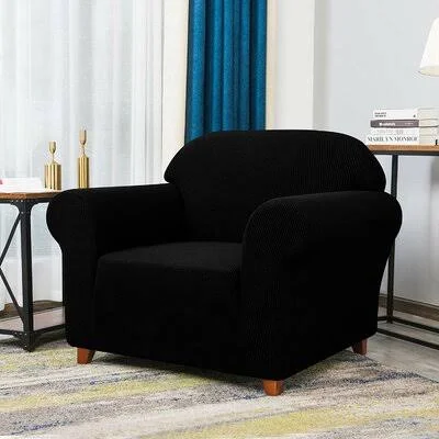 Howkwa Textured Grid Stretch Box Cushion Armchair Slipcover Winston Porter Fabric: Black Polyester Blend