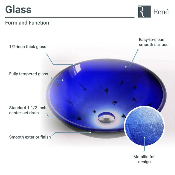 Rene R5-5008-R9-7003-C Foil Undertone Glass Vessel Sink with Chrome Vessel Faucet, Sink Ring, and Vessel Pop-Up Drain