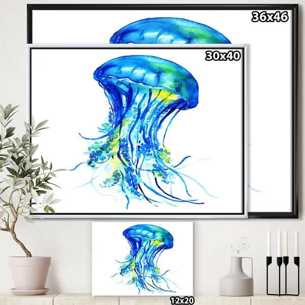 Designart 'Ocean Water Jellyfish' Animal Framed Canvas Art Print - 40 in. Wide x 30 in. High - Gold