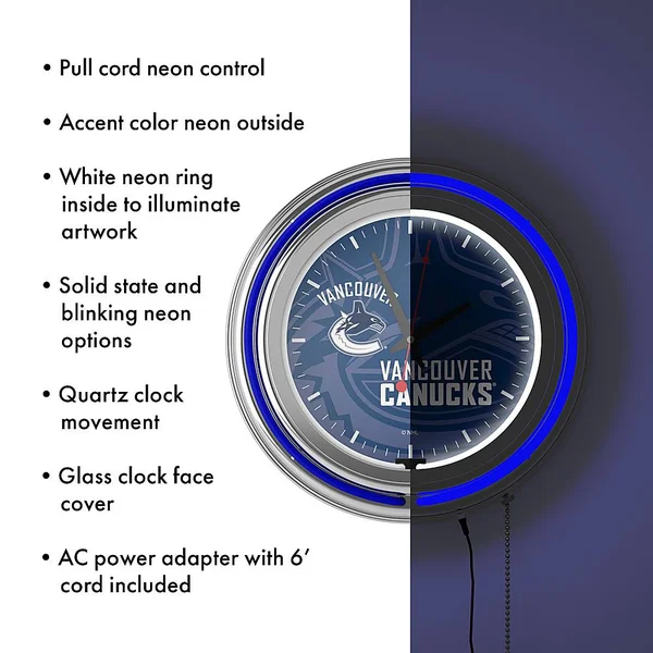 NHL Chrome Double Rung Neon Clock - Watermark - Vancouver Canucks