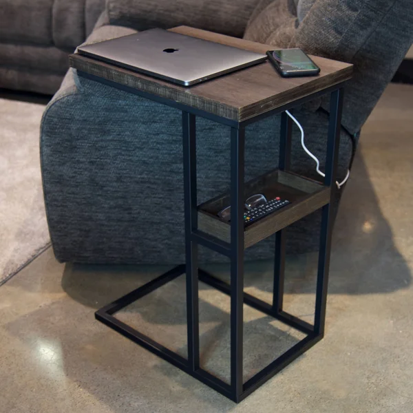 Solid Bamboo Steel Frame C-Table with Tray & Wireless USB Charger (Brushed Brown)