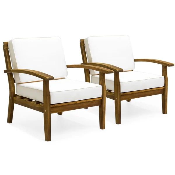 Best Choice Products Set of 2 Outdoor Acacia Wood Club Chairs for Patio, Porch, Poolside with Cushions - Cream