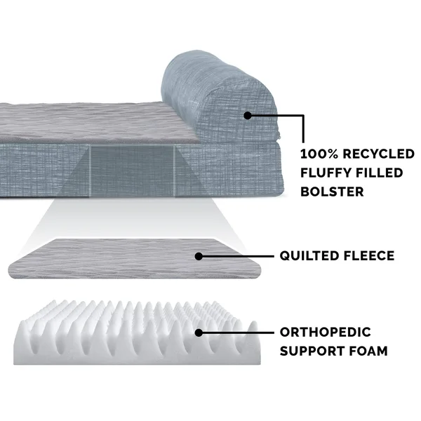 FurHaven Pet Quilted Fleece & Print Suede Chaise Lounge Orthopedic Sofa Dog Bed Titanium Jumbo
