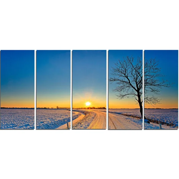 Design Art 'Distant Sunset in Winter' Photographic Print on Wrapped Canvas - Size: 20 inch H x 40 inch W x 1 inch D, Yellow