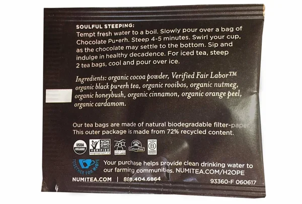 Numi Organic Chocolate Pu-erh Tea Bags - 100/Case