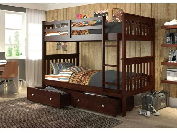 Donco Twin/Twin Mission Bunk Bed with Under Bed Drawers Cappuccino Finish