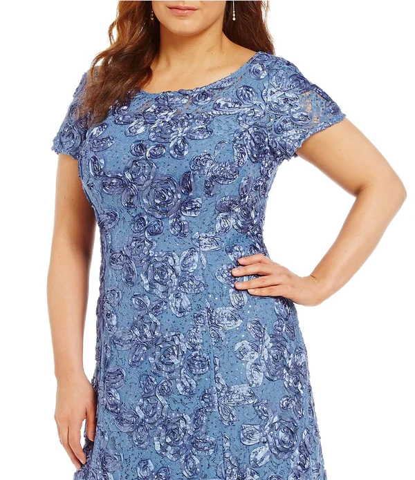 Alex Evenings Plus Size Floral Rosette Short Sleeve A-Line Gown - 16W