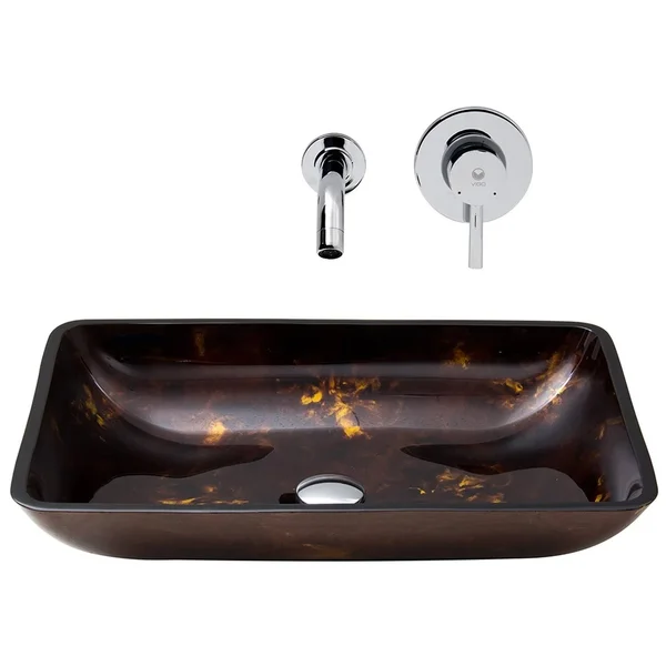 Vigo VGT278 Rectangular Brown and Gold Fusion Glass Vessel Sink and Wall Mount Faucet Set - Chrome