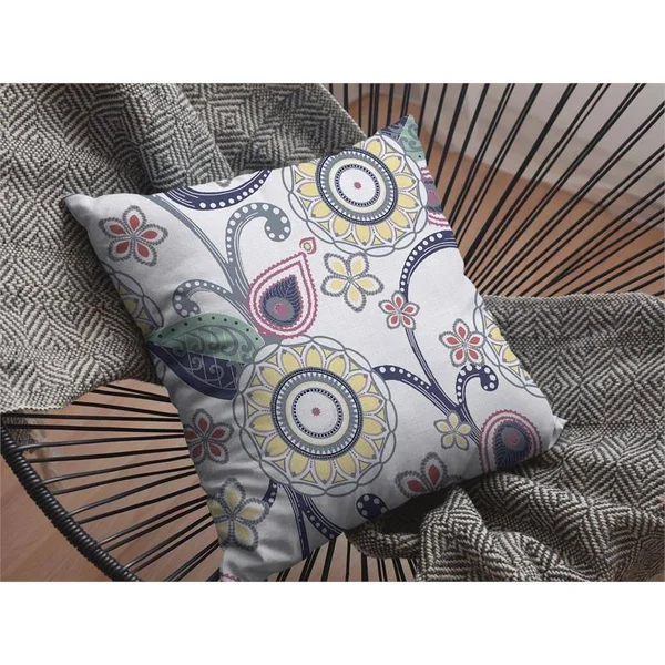 Flower Circles Zippered Pillow Yellow Green Dark Blue on White 20x22x20x22