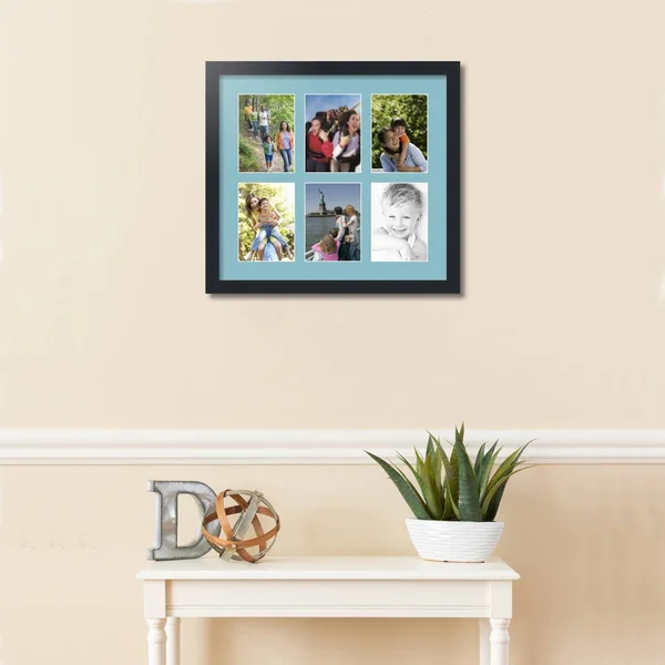 Collage Picture Frame - Satin Black Frame with 6 openings for 5x7 Photos with French Blue Mat. D3926FB2041, ArtToFrames