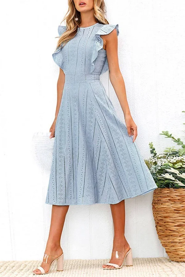 Elegant Flounce Lace Design Mid Calf Dress(2 Colors) XL - Blue