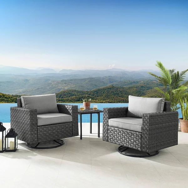 Art Leon Outdoor Patio Furniture Set 3 Pieces PE Rattan Wicker Swivel Chairs with Coffee Table and Removable Cushions, Gray