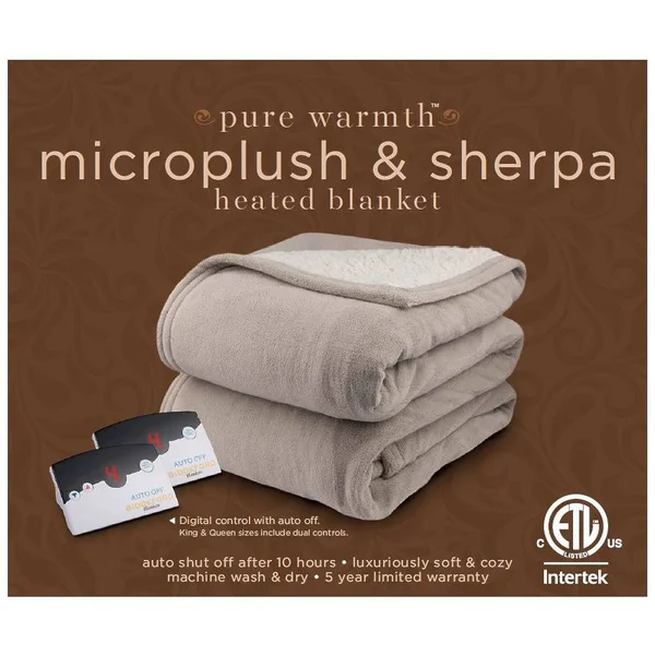Pure Warmth Microplush Sherpa Electric Heated Blanket King Denim, Blue