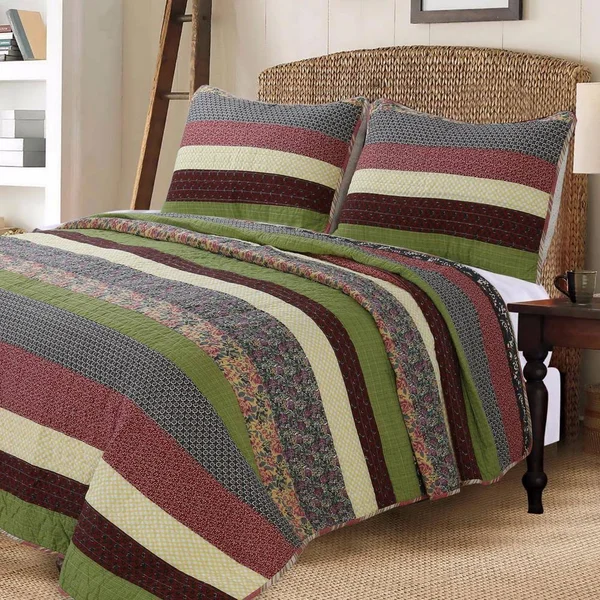 Cozy Line Home Fashions Juniper Floral Checker Paisley Stripe 3-Piece Earthy Multi-Color Purple Green Yellow Cotton Queen Quilt