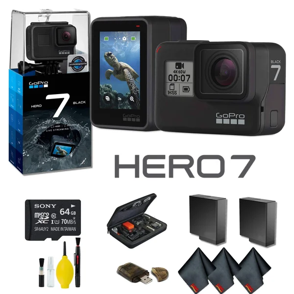 GoPro Hero7 Black Action Camera with Extra battery, External Charger, 64GB Memory Card, Case Plus More - Extra Battery Bundle