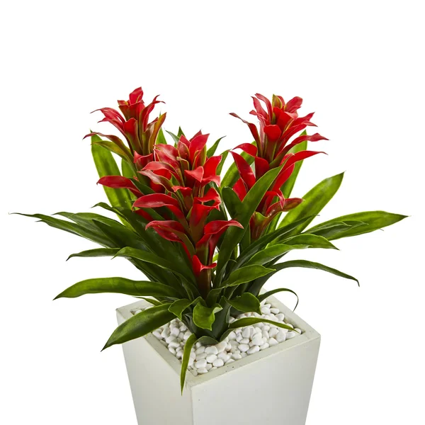 Nearly Natural Artificial Triple Bromeliad Plant in White Tower Planter Purple